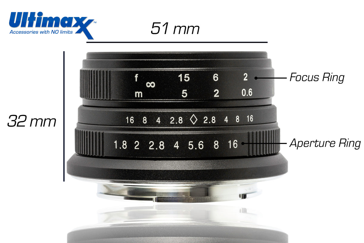 Objectif manuel ULTIMAXX 25 mm f/1.8 pour monture Sony E (Nex) - Kit d'accessoires 7 pièces