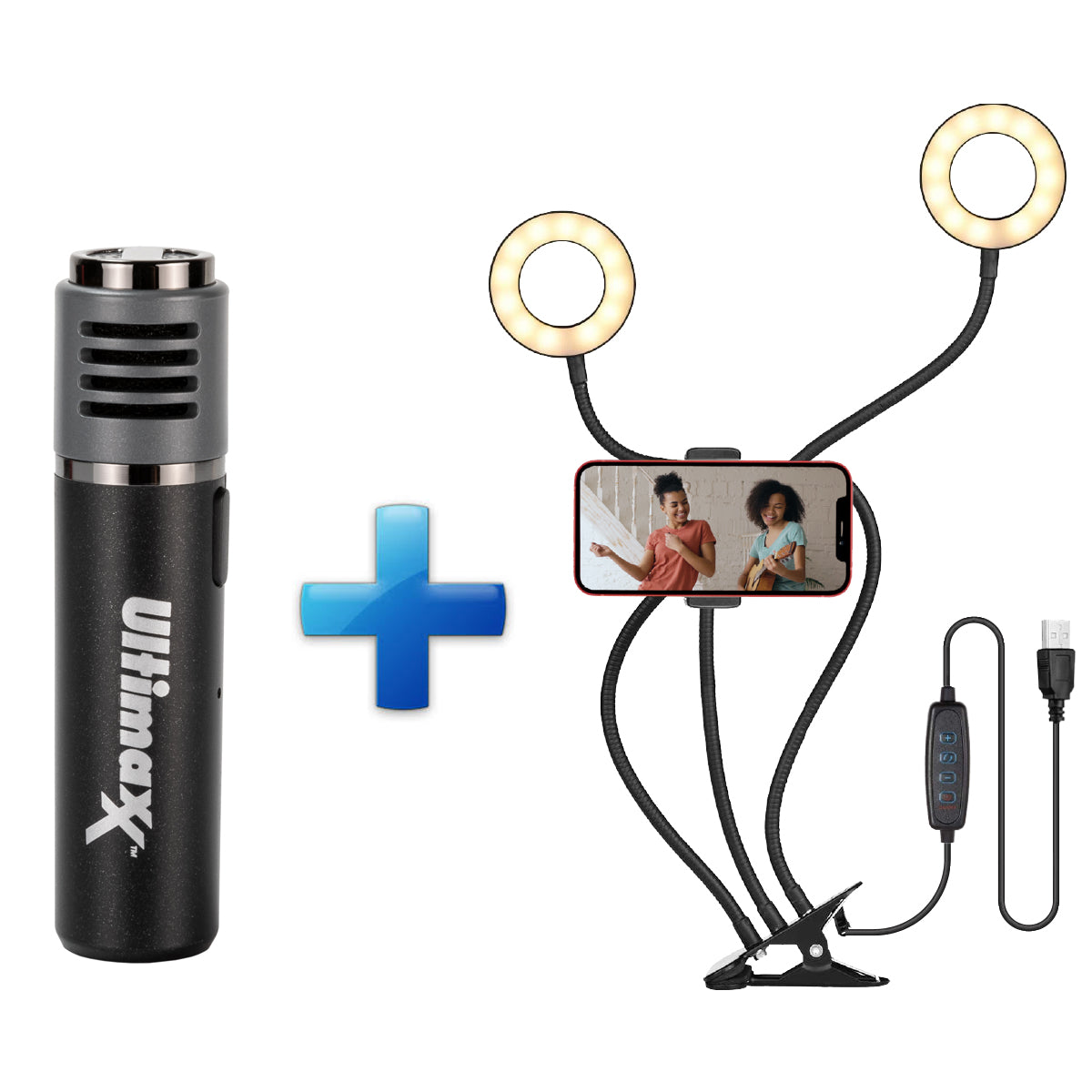 Micro Bluetooth Lavalier sans fil Ultimaxx pour iPhone Android + Kit Vlog avec anneau LED