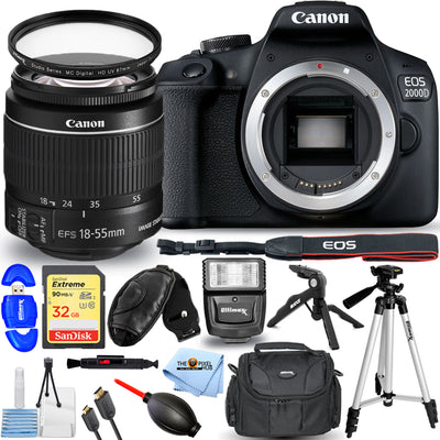 Canon EOS 2000D / Rebel T7 avec objectif IS II 18-55 mm + 32 Go + Flash + Pack UV