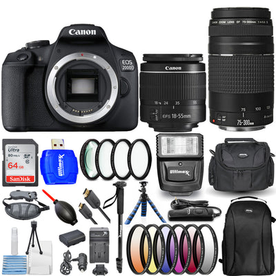 Canon EOS 2000D / Rebel T7 4 objectifs 18-55 mm + 75-300 mm + 64 Go