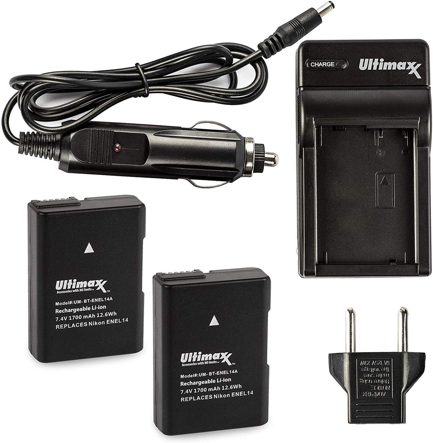 ULTIMAXX Travel Charger + Replacement Battery for Nikon ENEL14A - 1700 mah