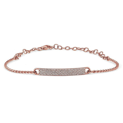 Bracelet jonc en or 14 carats véritable pavé de diamants avec barre d'identification, longueur réglable