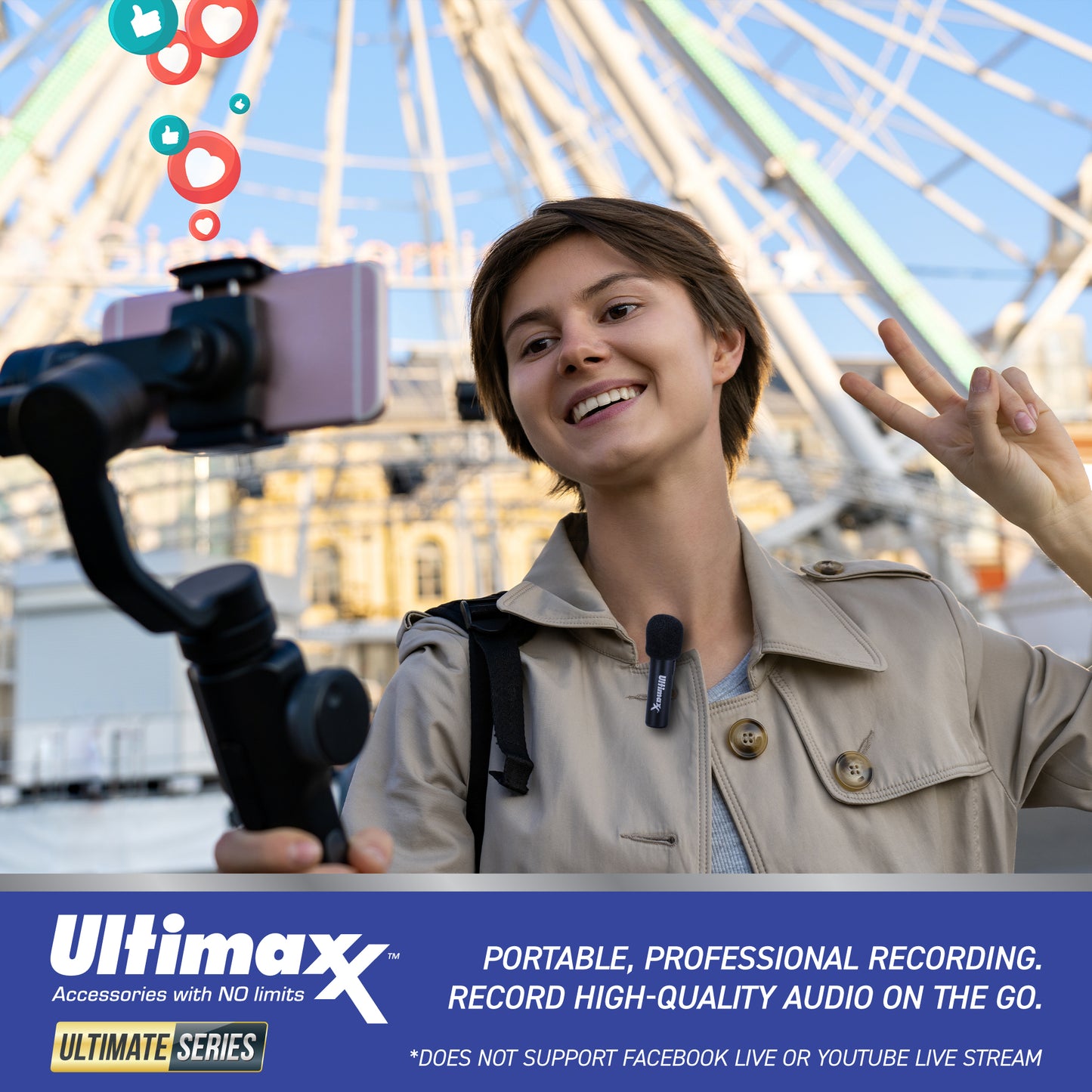 Micro Bluetooth Lavalier sans fil Ultimaxx pour iPhone Android + Kit Vlog avec anneau LED