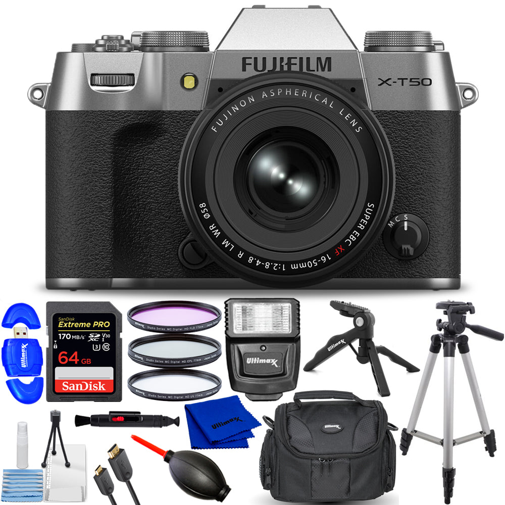 FUJIFILM X-T50 Mirrorless Camera with XF 16-50mm f/2.8-4.8 Lens Silver - Bundle