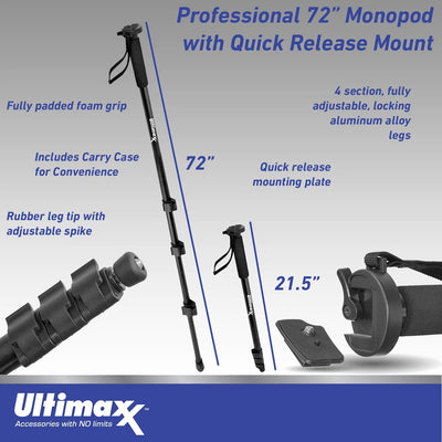 72'' Lightweight Heavy Duty Monopod Selfie Stick for DSLR Canon Nikon Sony Fuji Ultimaxx