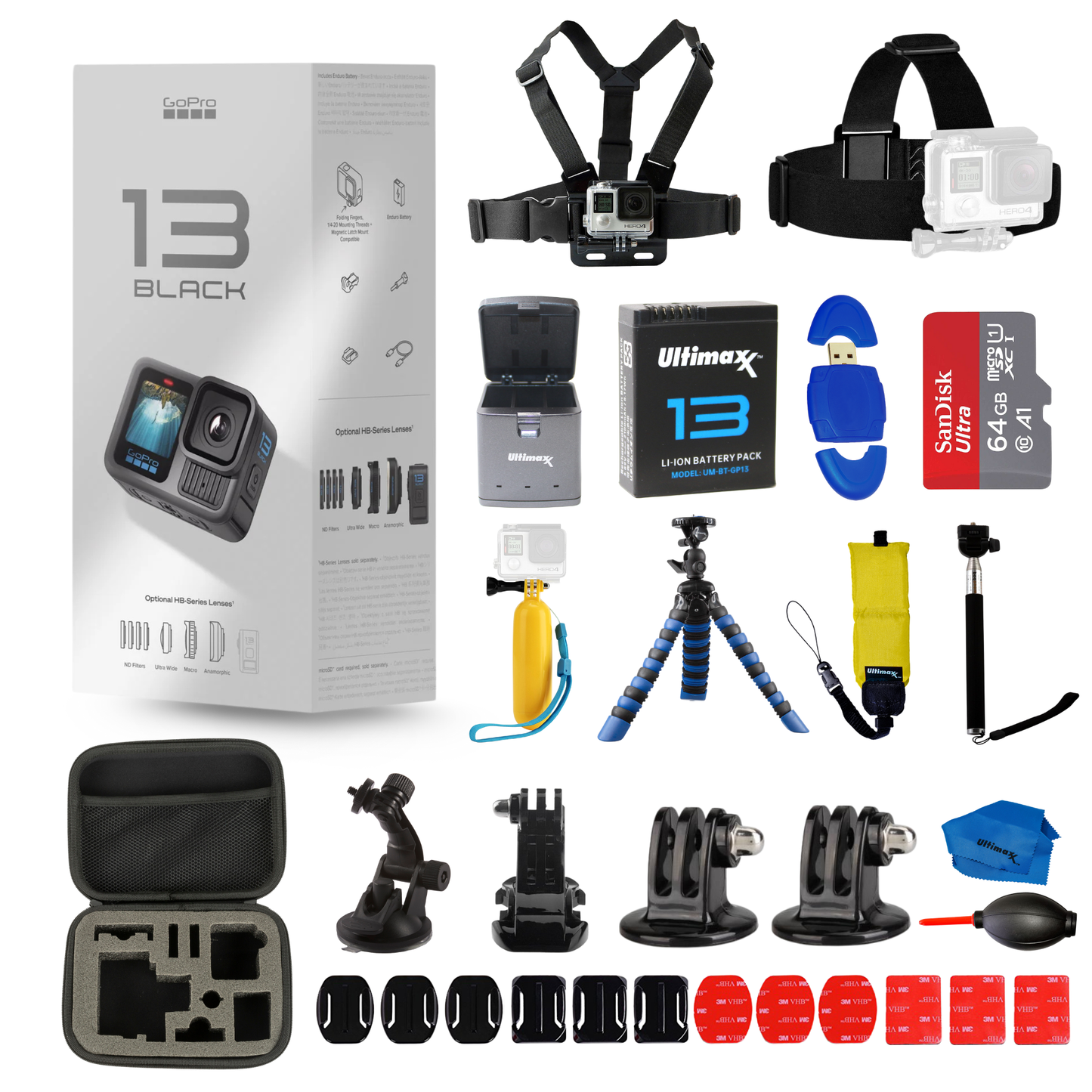 GoPro HERO 13 HERO13 Black 27MP Action Camera + EXT BATT 64GB Bundle