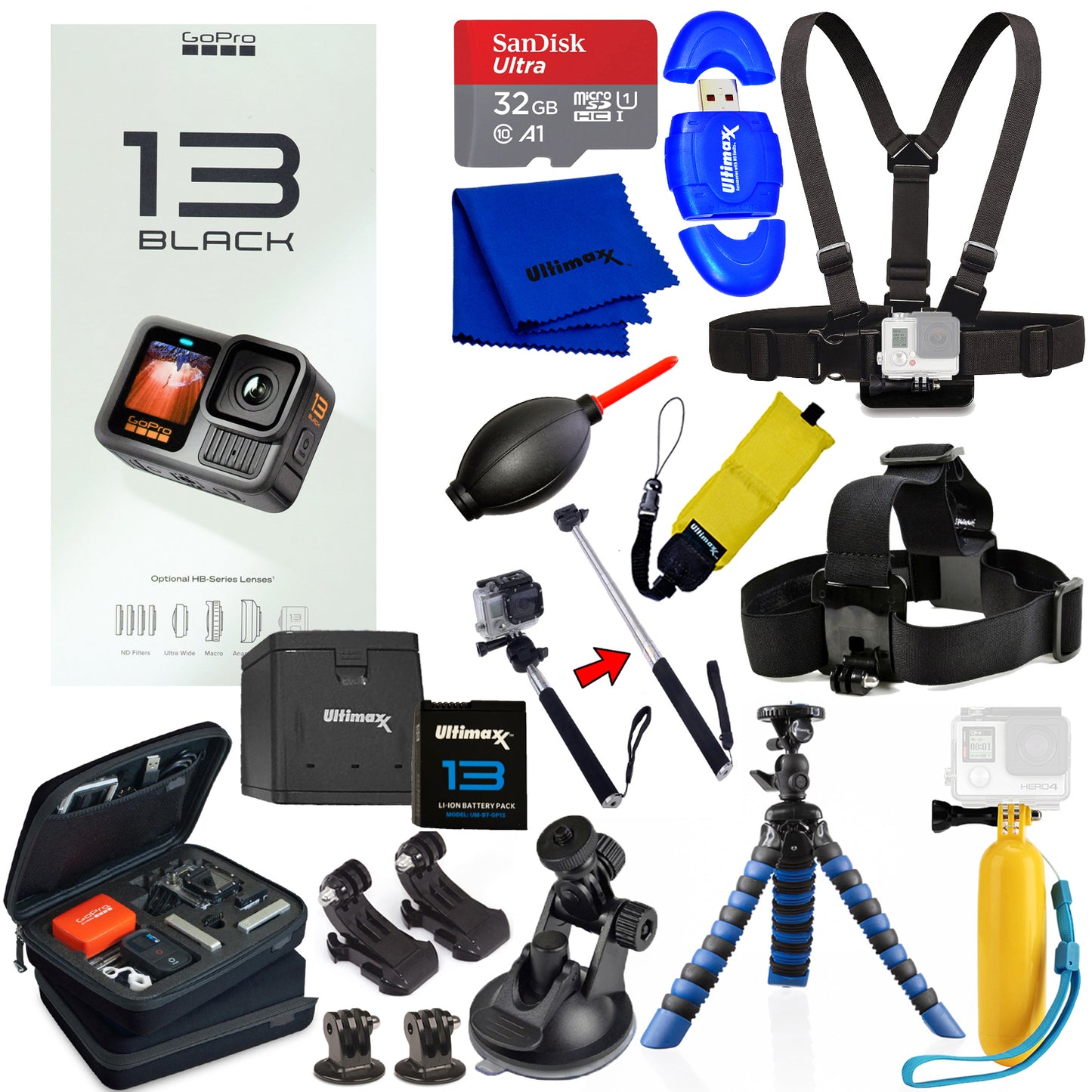 GoPro HERO 13 HERO13 Black 27MP Action Camera + EXT BATT 32GB Bundle