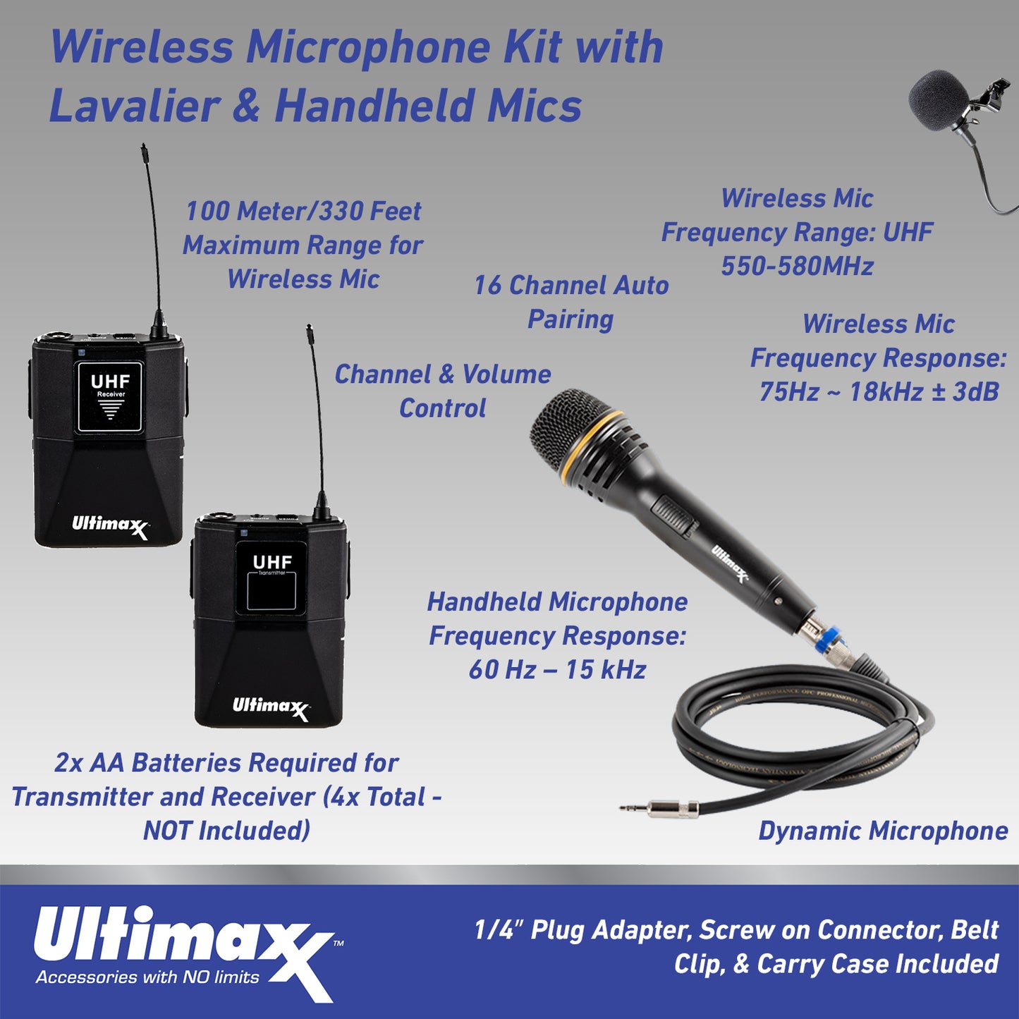 Kit micro sans fil Ultimaxx avec micro cravate, câbles, étui de transport et micro portable