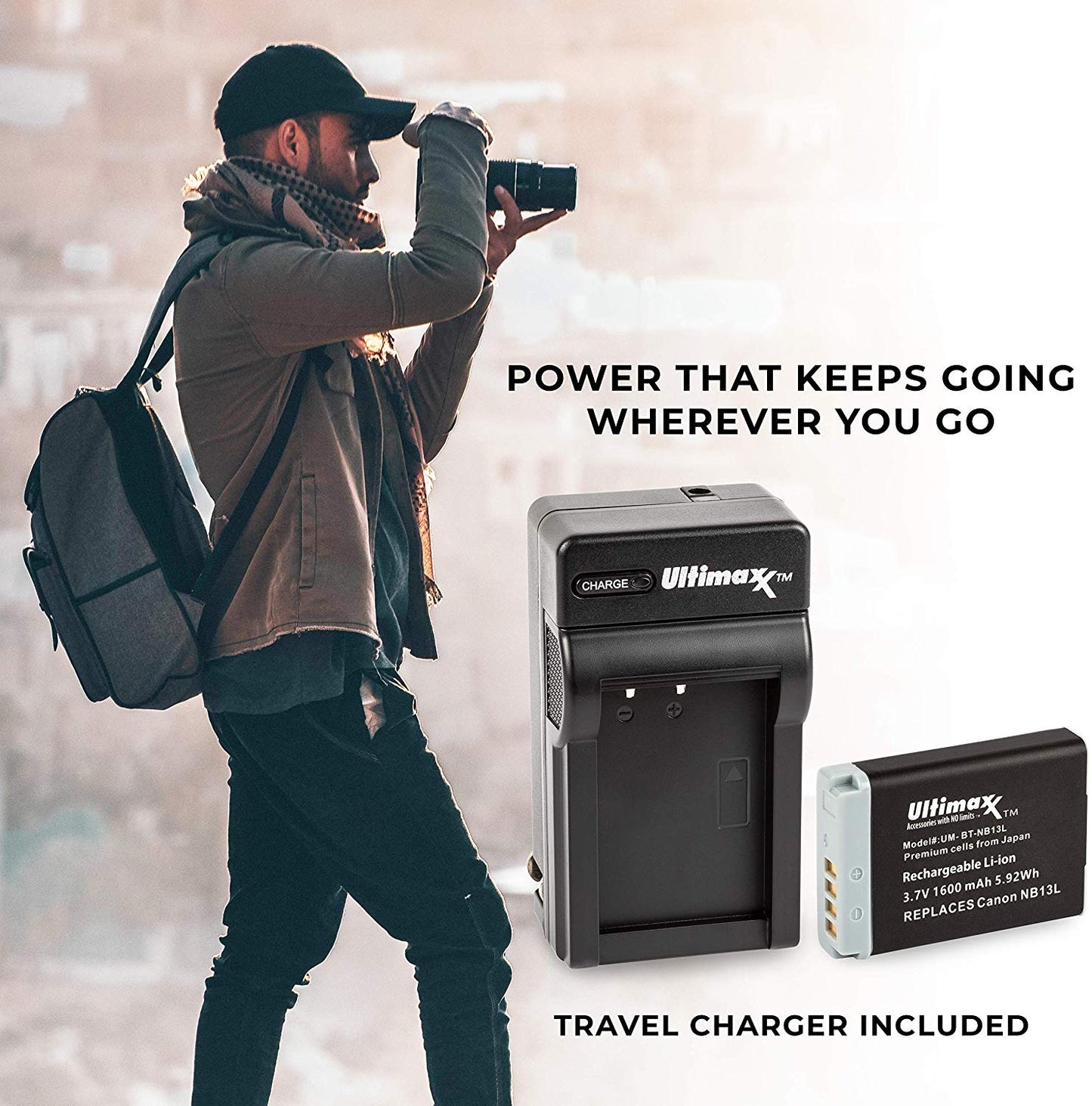 ULTIMAXX Travel Charger + Replacement battery for Canon NB13L - 1600 mah