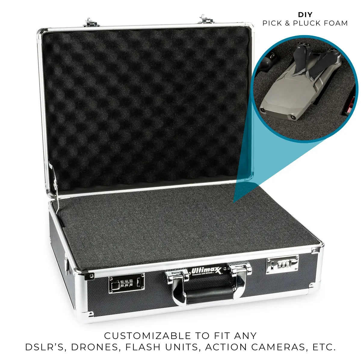 Medium Aluminum Camera Drone Case DIY Customizable Foam with Dual Combo Locks Ultimaxx