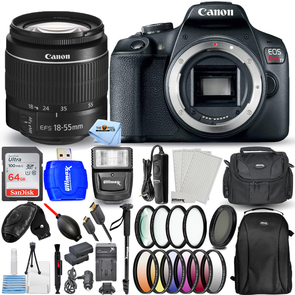 Canon EOS Rebel T7 with 18-55mm III Lens + 64GB + EXT BATT + Flash Bundle