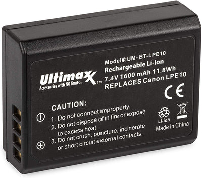 Chargeur de voyage ULTIMAXX + 2x batterie de remplacement pour Canon LPE10 1600mah