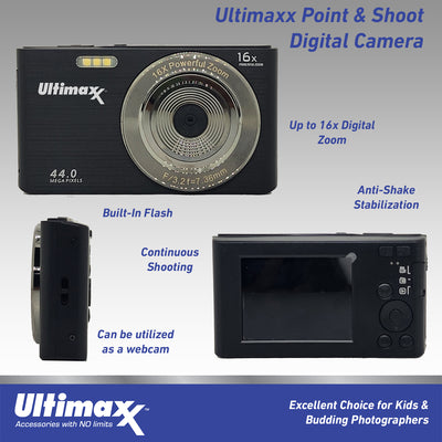 Appareil photo compact numérique Ultimaxx 44 MP avec zoom numérique 16x avec carte de 32 Go