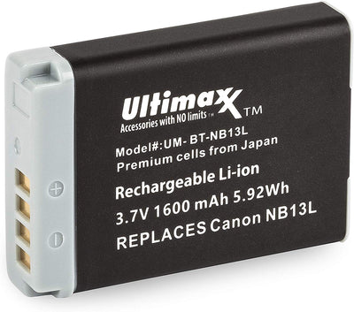 ULTIMAXX Travel Charger + Replacement battery for Canon NB13L - 1600 mah