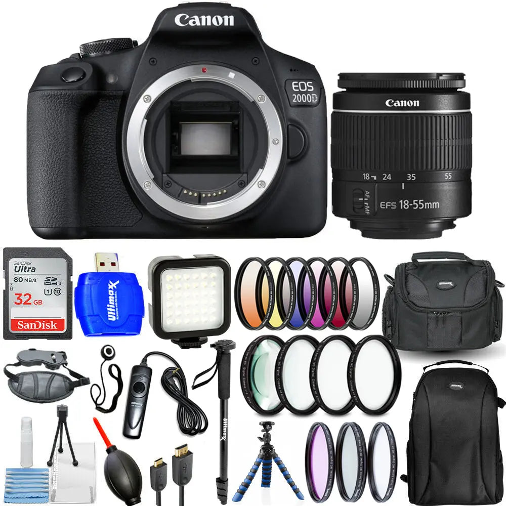Canon EOS 2000D / Rebel T7 3 Lenses 18-55mm with 32GB Filter Kit Backpack Bundle Canon