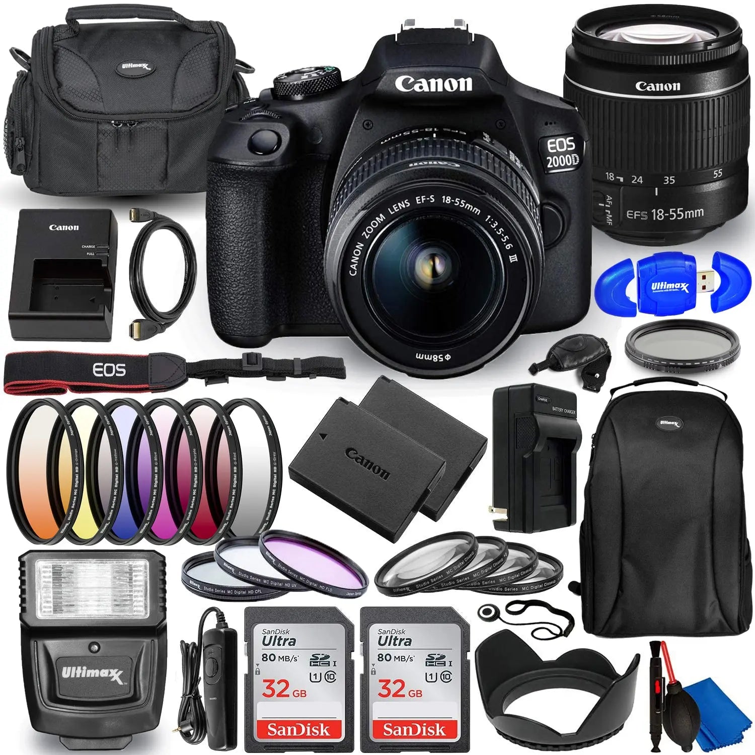 Canon EOS 2000D / Rebel T7 with 18-55mm III Lens - 30PC Accessory Bundle Canon