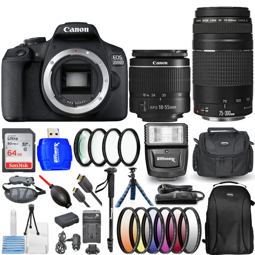 Canon EOS 2000D / Rebel T7 4 Lenses 18-55mm + 75-300mm + 64GB Top Value Bundle Canon