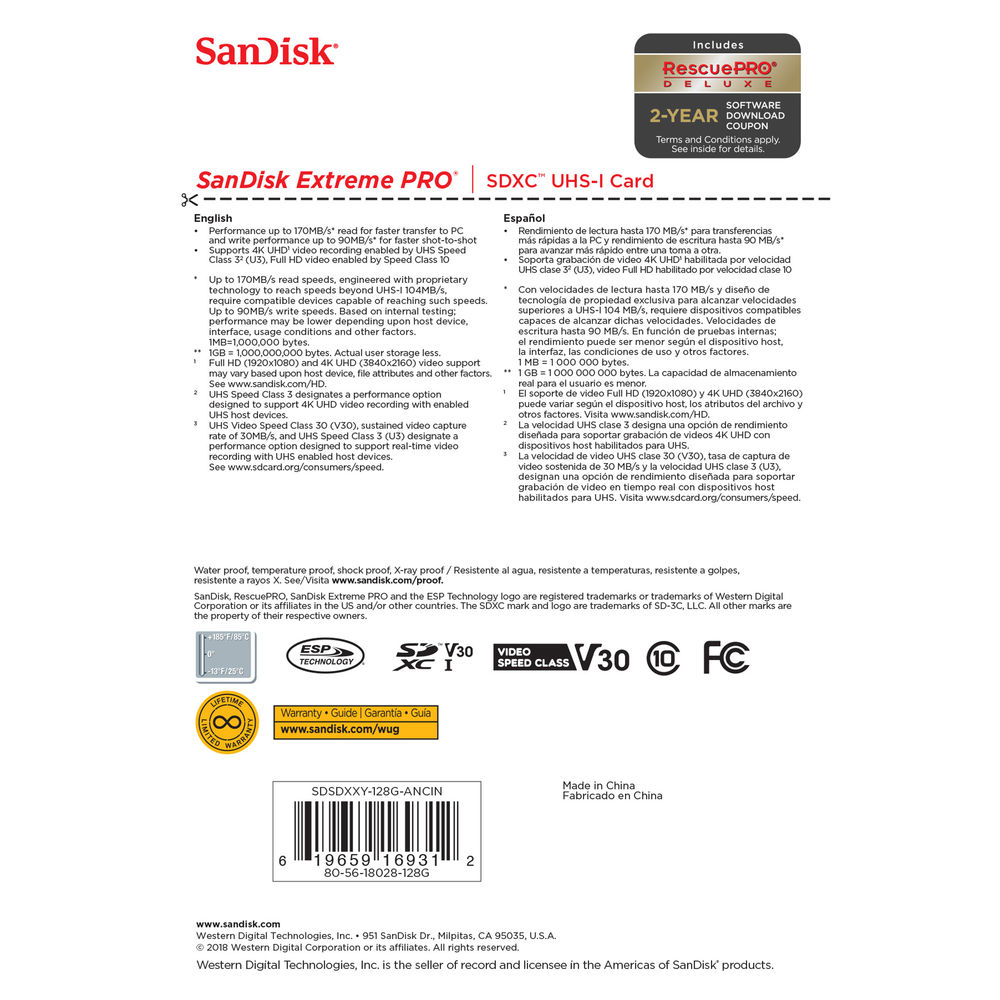 Carte mémoire SDXC SanDisk Extreme PRO UHS-I 128 Go - SDSDXXY-128G-ANCIN