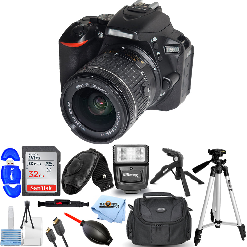 Appareil photo reflex numérique Nikon D5600 24,2 MP avec objectif 18-55 mm 1576 + 32 Go + pack flash