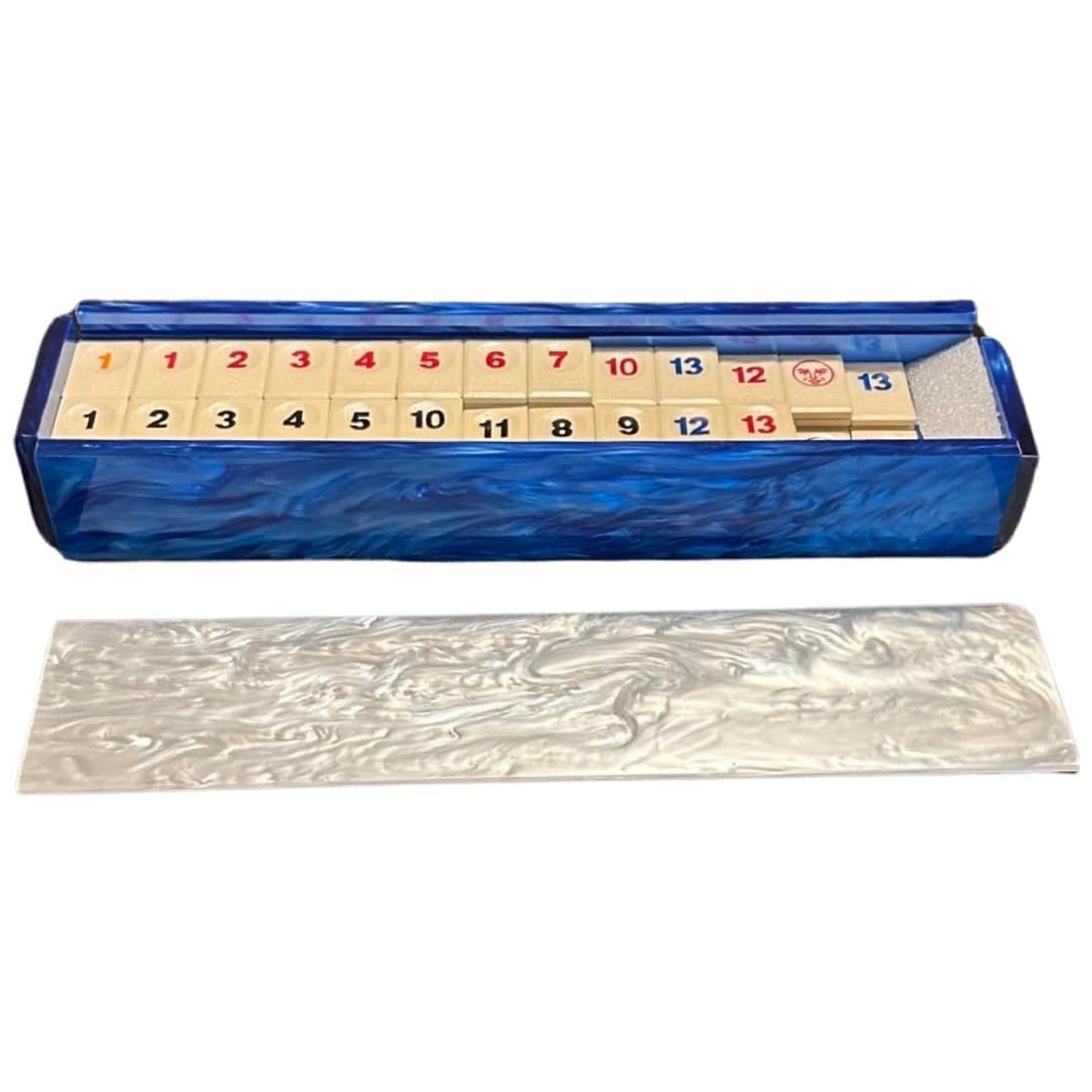 Ready Covers Lucite Rumikub Premium Set - Tiles, Holders, and Storage Acrylic Box Included (Blue Marble w White Marble)