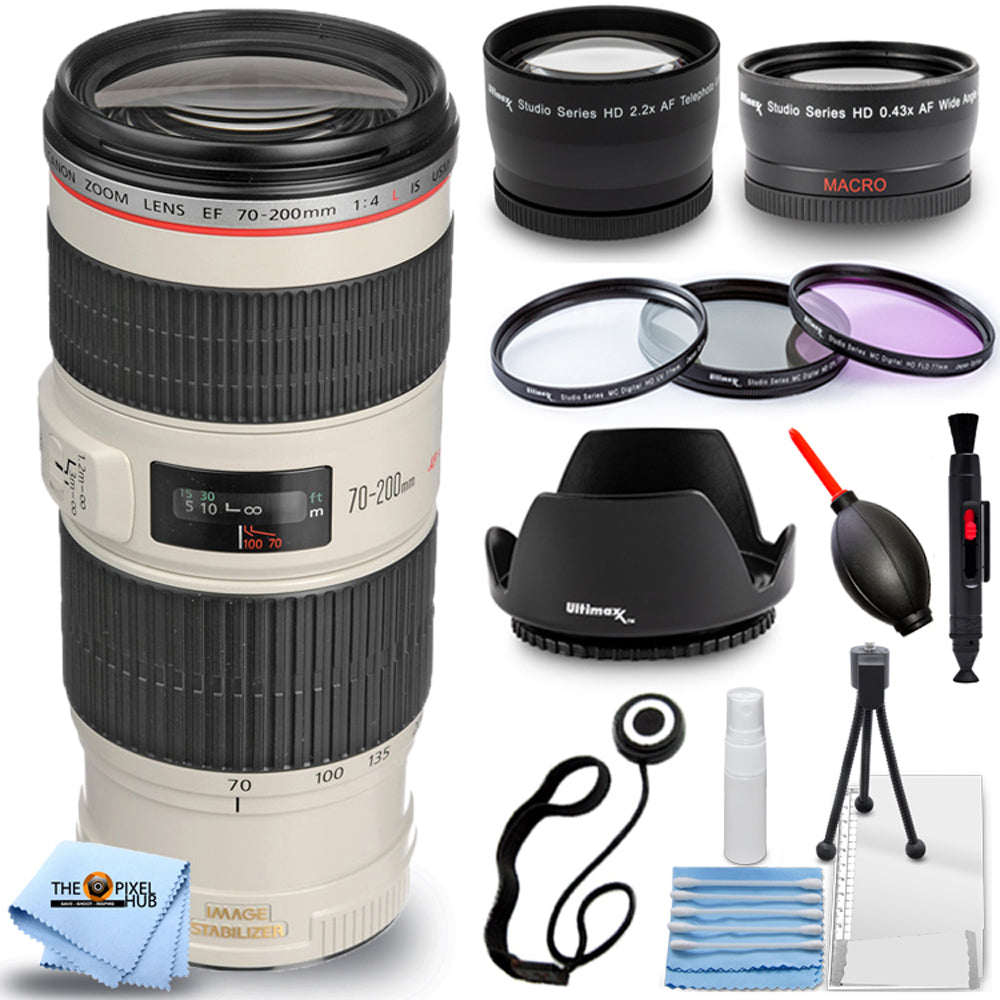 Canon EF 70-200mm f/4L IS USM Lens + Telephoto and Wide Angle Lenses Bundle Canon