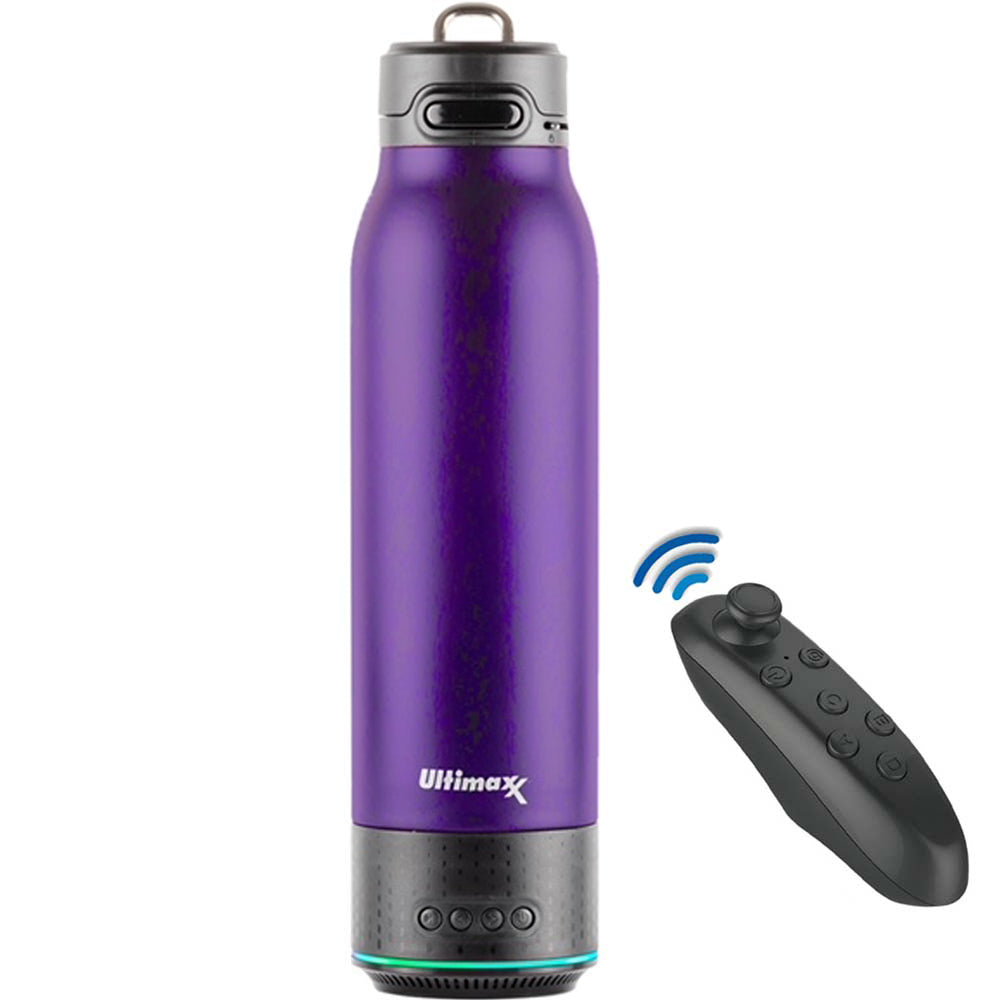 Ultimaxx Vacuum Insulated Premium Water Bottle (Deep Purple) with Rechargeable Bluetooth Speaker and Xtreme Mini Bluetooth Remote. Remote Doubles as Gaming Joystick/Mouse for Smartphone Apps.