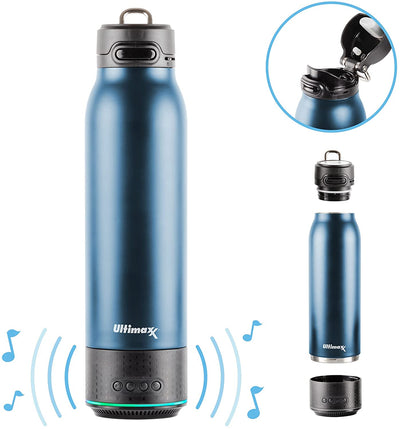 Vacuum Insulated Premium Water Bottle with Rechargeable Bluetooth Speaker - Steel Double Wall Design + Lights - NAVY BLUE