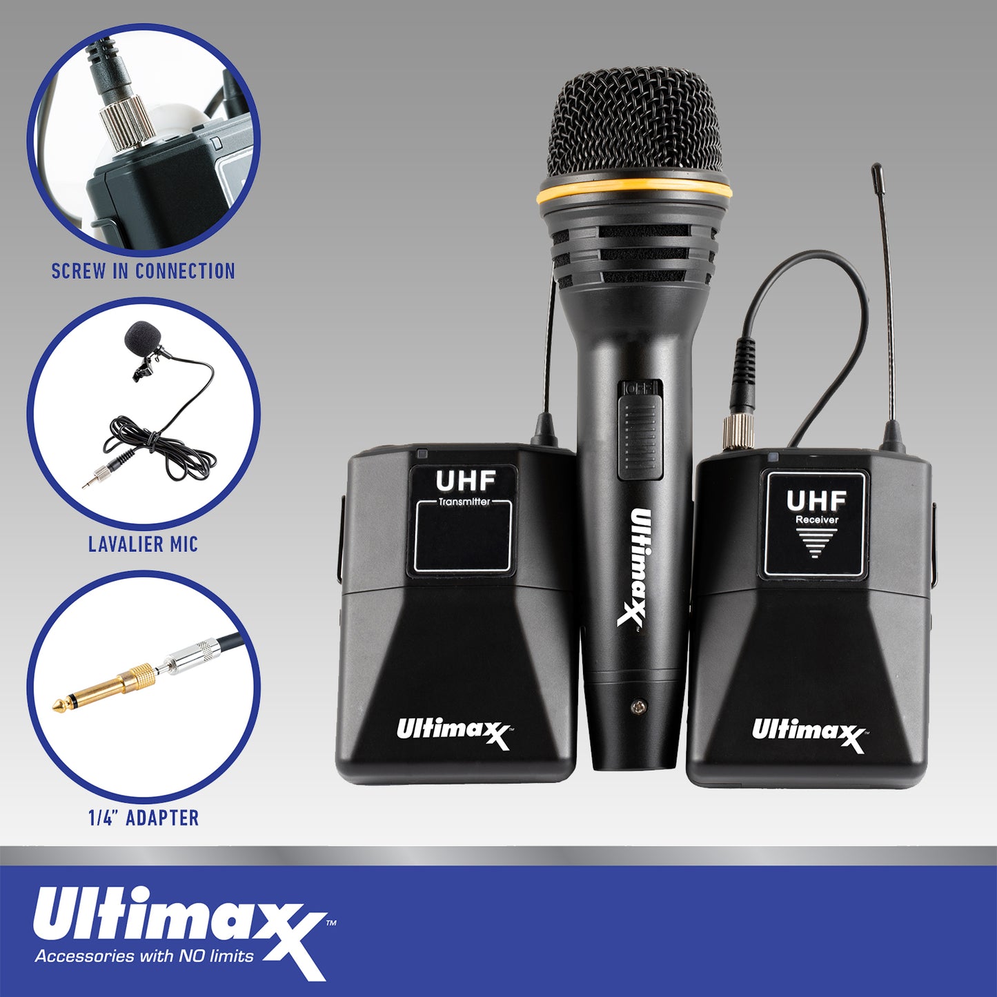 Ultimaxx Wireless Mic Kit with Lavalier Mic, Cables, Carry Case and Handheld Mic