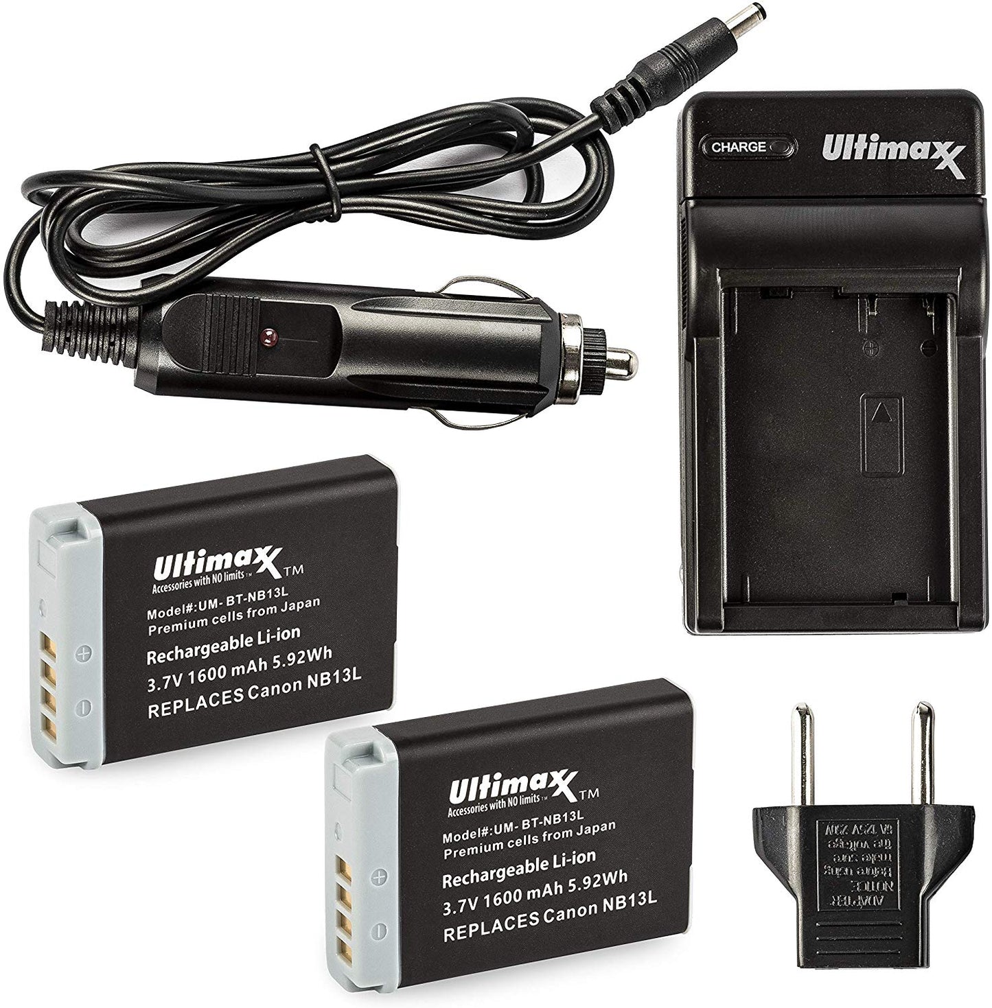 ULTIMAXX Travel Charger + Replacement battery for Canon NB13L - 1600 mah