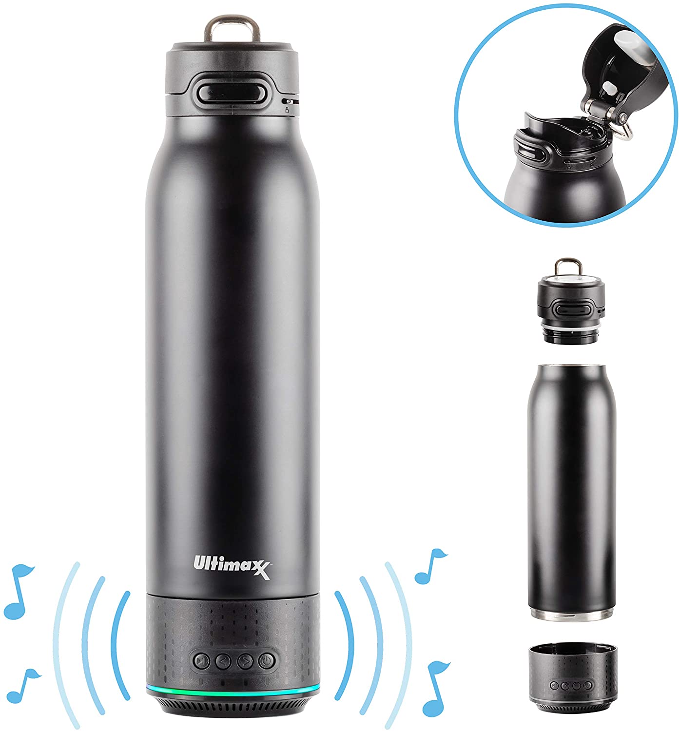 Ultimaxx Vacuum Insulated Premium Water Bottle with Rechargeable Bluetooth Speaker - Steel Double Wall Design + Lights, Convenient drinking spout, Lid Lock, and Carry Handle (700ml/23.6 oz)