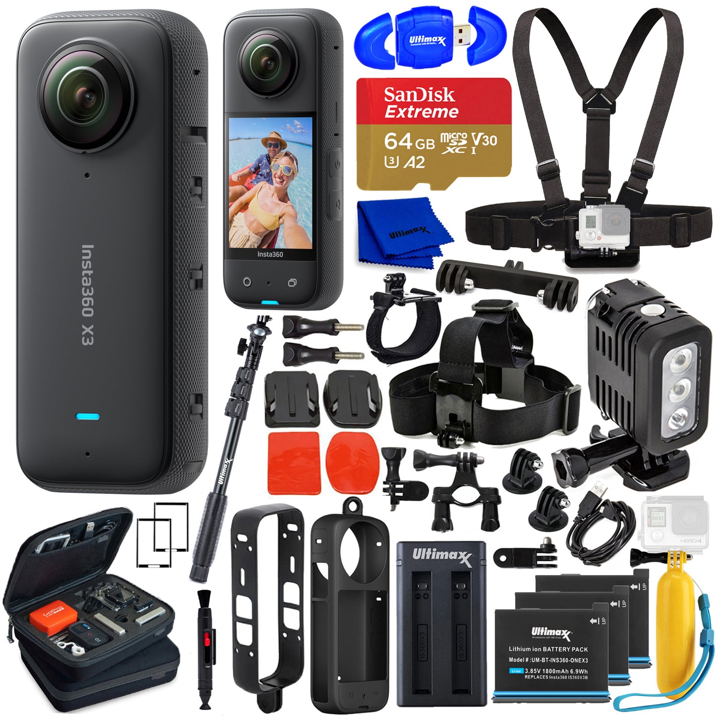 Insta360 X3 5.7K 360° Waterproof Touch Screen Action Camera - 25PC 64GB Bundle