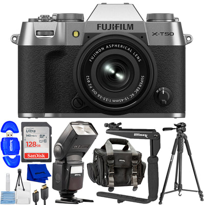 FUJIFILM X-T50 Mirrorless Camera w/ XC 15-45mm f/3.5-5.6 Lens (Silver) 10PC Kit