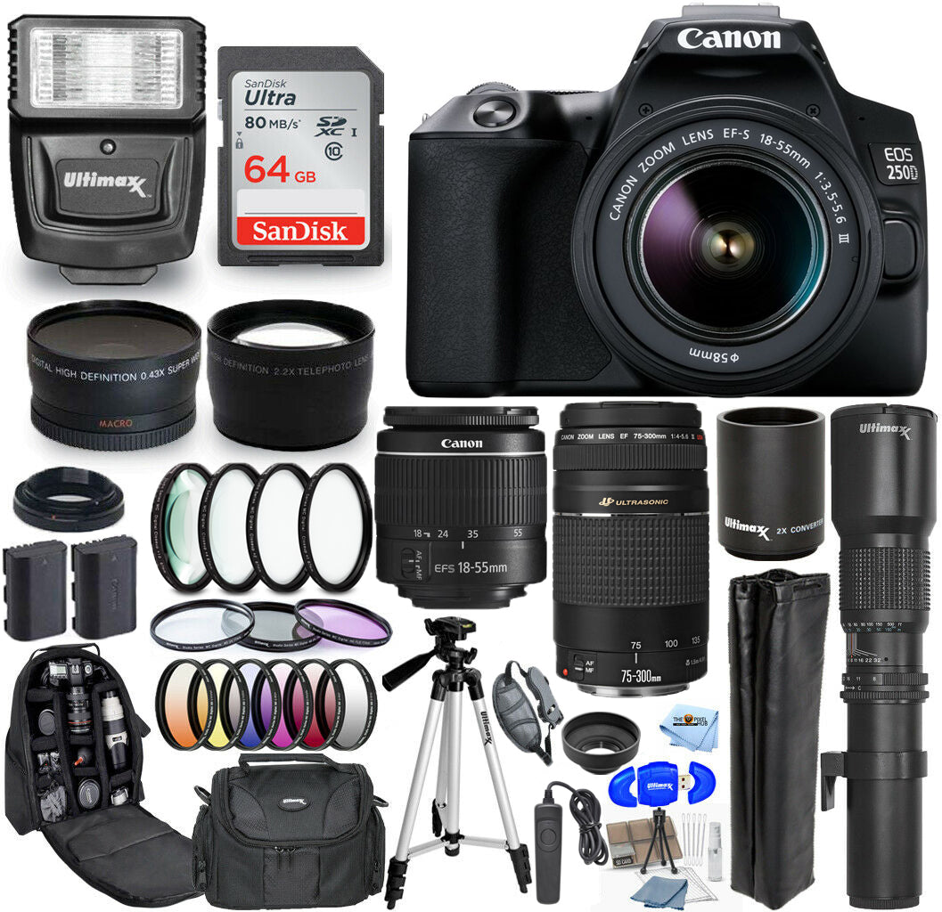 Canon EOS 250D/Rebel SL3 avec 18-55 mm + 75-300 mm + 500 mm Kit d'accessoires 30 pièces