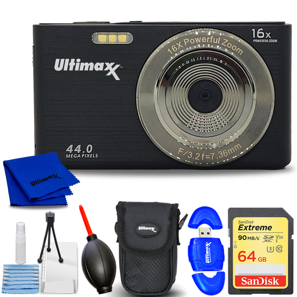 Appareil photo compact numérique Ultimaxx 44 MP avec zoom numérique 16x avec ensemble de cartes de 32 Go