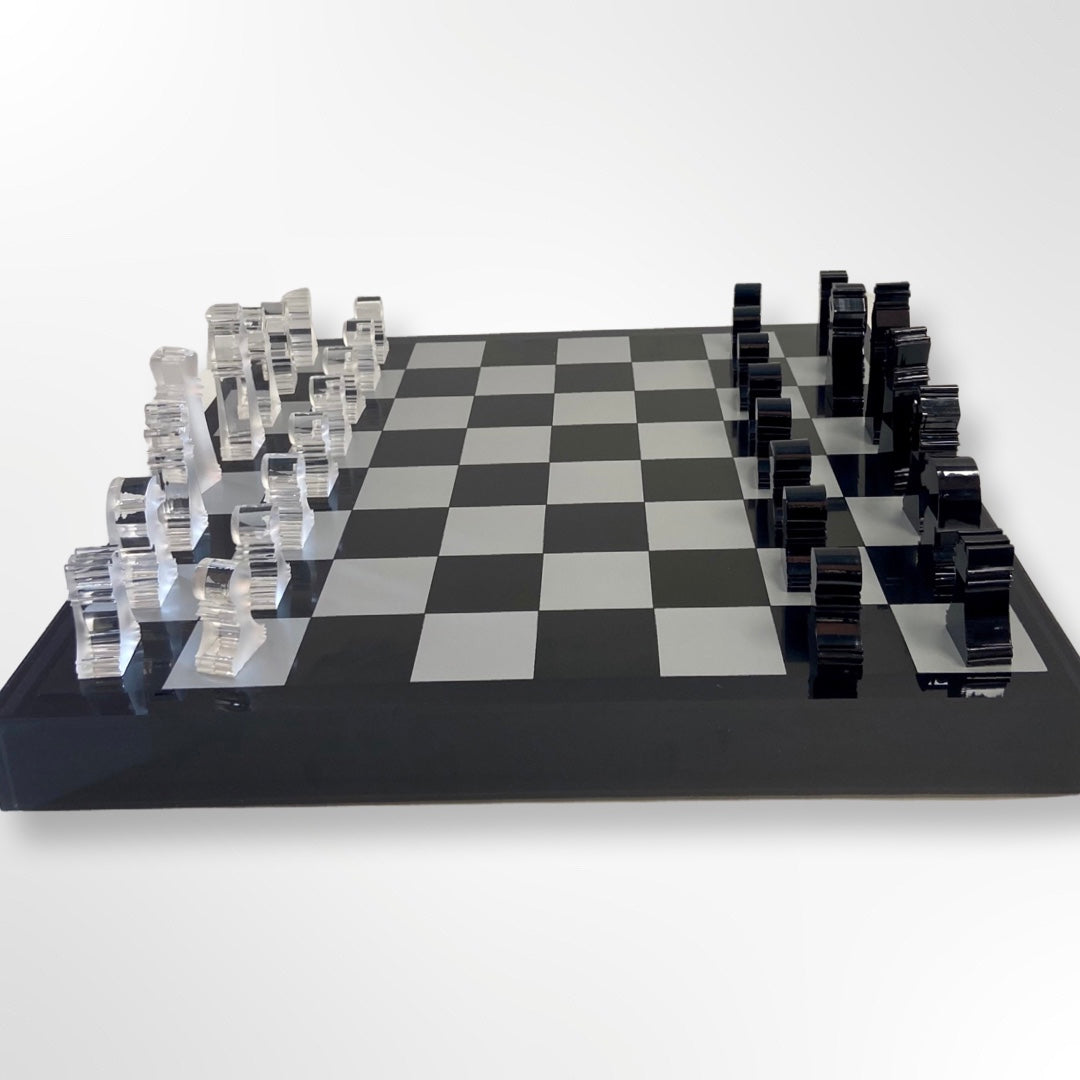 Lucite Acrylic Chess + Checkers Premium Set - Large 17.5" (Black/Silver)