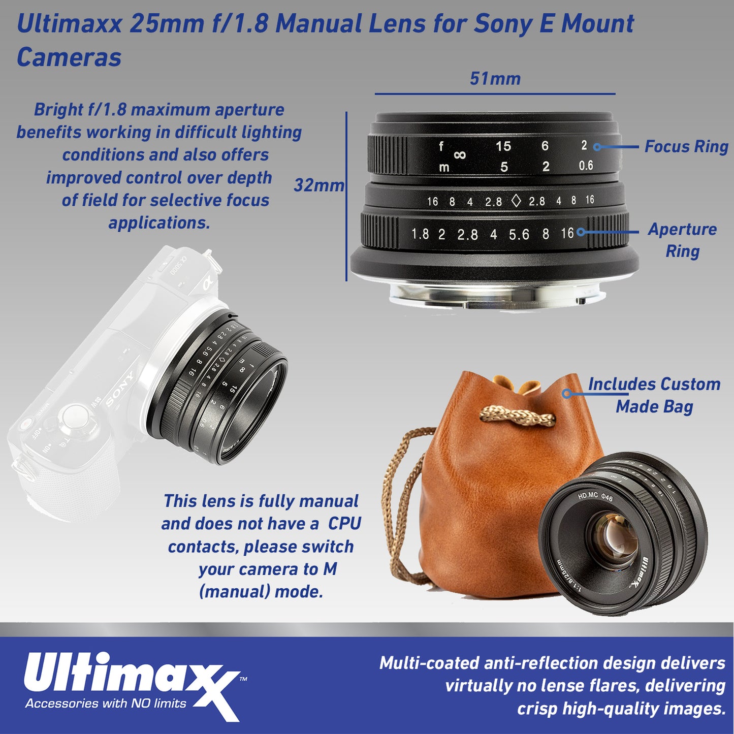 Objectif manuel ULTIMAXX 25 mm f/1.8 pour monture Sony E (Nex)