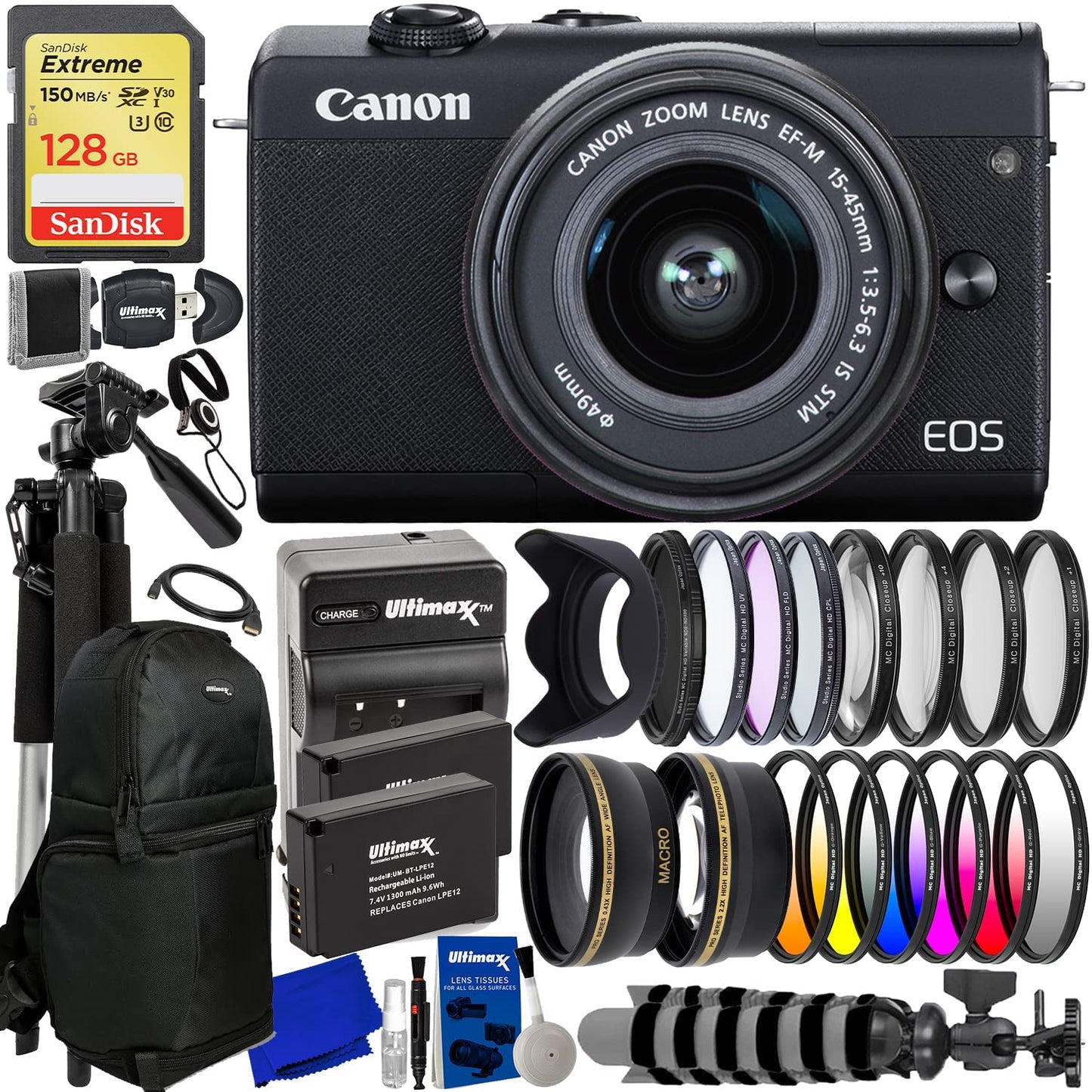 Appareil photo numérique Canon EOS M200 avec objectif 15-45 mm (noir) - Ensemble d'accessoires 20 pièces