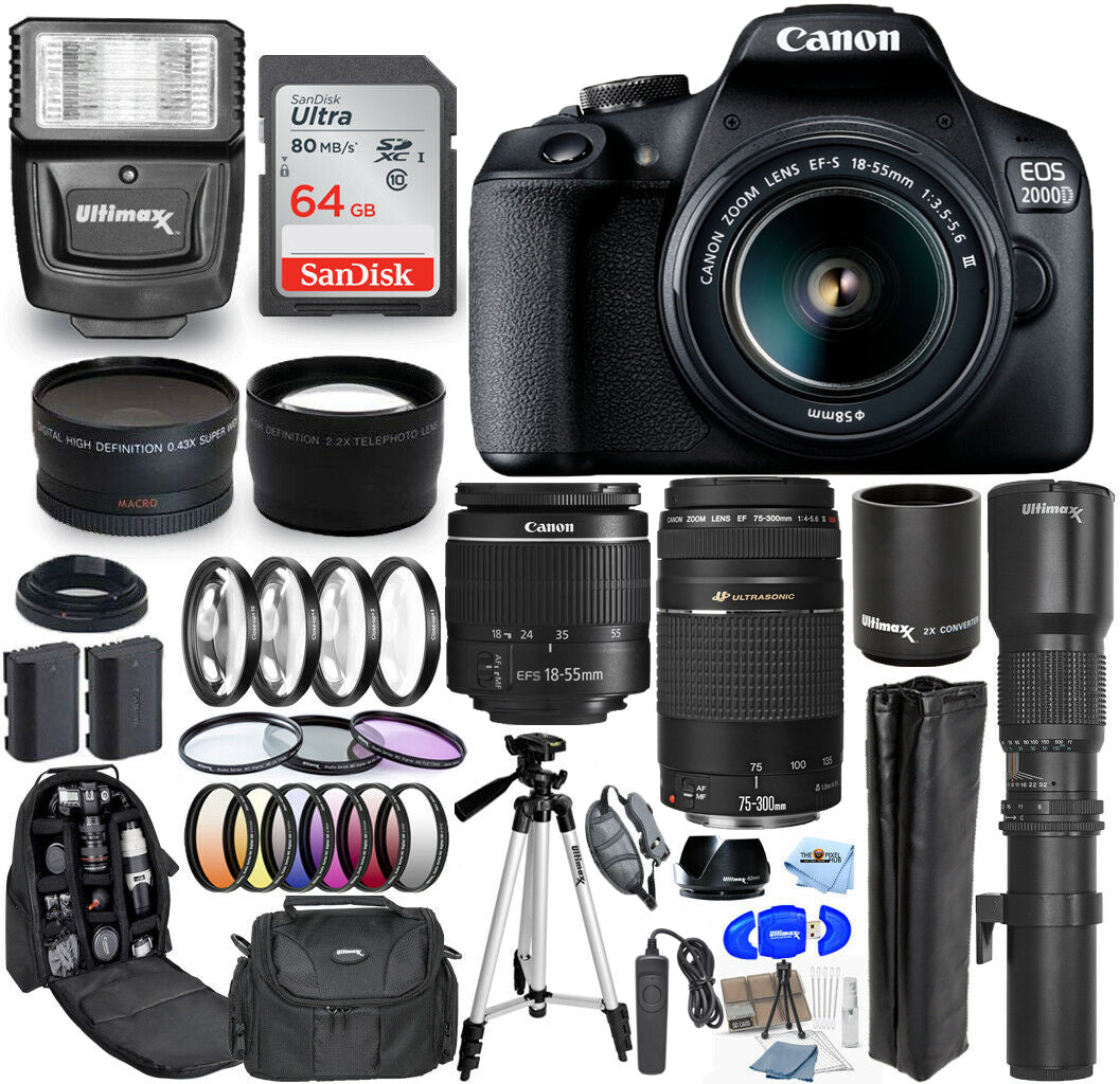 Canon EOS 2000D / Rebel T7 18-55 mm + 75-300 mm + 500 mm, lot d'accessoires de 30 pièces