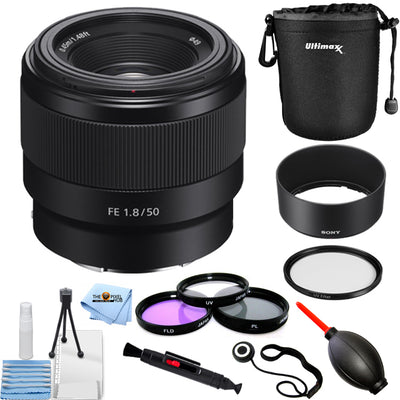 Sony FE Autofocus Motor 50mm f/1.8 Lens (Black) + Filter Kit + Pouch Bundle