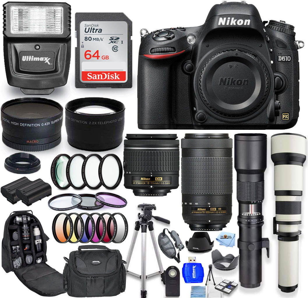 Appareil photo Nikon D610 avec objectifs 18-55 mm + 55-250 mm + 500 mm + 650-1300 mm - Kit 30PC