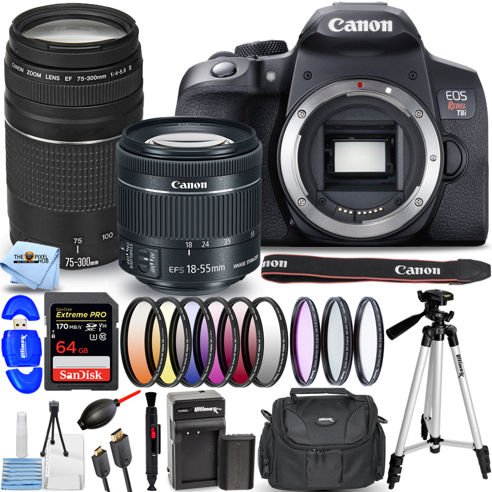 Canon EOS Rebel T8i avec objectif 18-55 mm + 75-300 mm III + 64 Go + kit de filtres