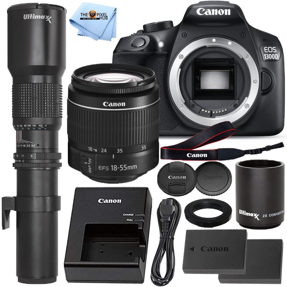 Canon EOS 3000D / T100 DSLR avec ensemble d'objectifs prédéfinis 18-55 mm III + 500 mm