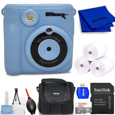 Appareil photo numérique instantané Ulitmaxx pour enfants (bleu) avec Micro SD de 64 Go et 3 rouleaux de papier