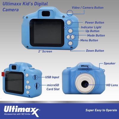 Ultimaxx Caméra enregistreur vidéo numérique (bleu) pour enfants et adolescents âgés de 8 à 12 ans débutants avec jeux Micro SD 32 Go Cadeau de Noël