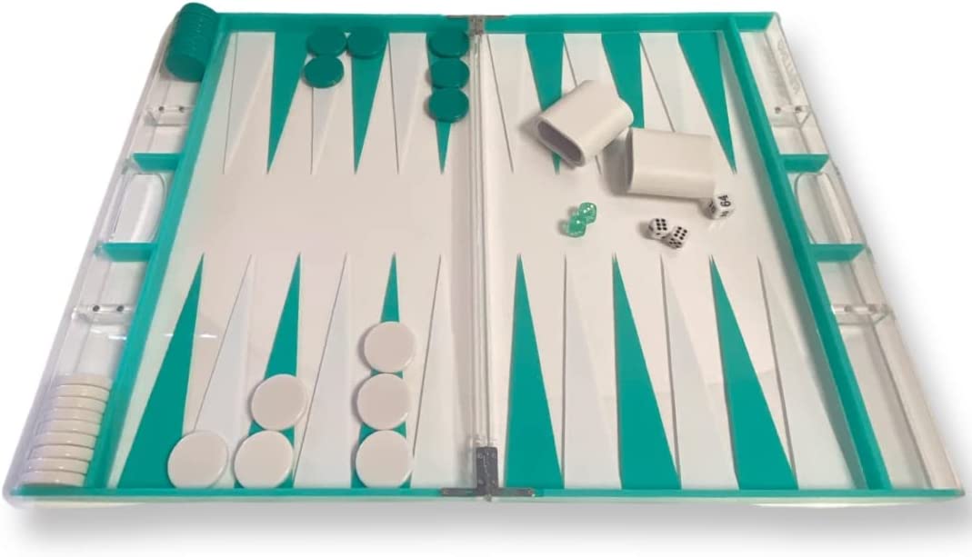 Lucite Acrylic Backgammon Set 18" Large Premium Board + Pieces (Clear Turquois)