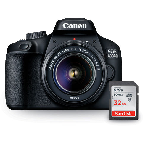 Canon EOS 4000D / Rebel T100 avec objectif EF-S 18-55 mm III + Sandisk Ultra 32 Go SD