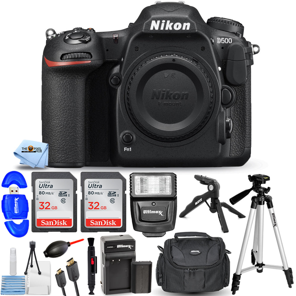 Appareil photo reflex numérique Nikon D500 (boîtier uniquement) + batterie supplémentaire + 64 Go + pack flash