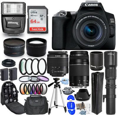 Canon EOS 250D / Rebel SL3 DSLR avec 18-55 mm + 500 mm + 64 Go + Flash Bundle