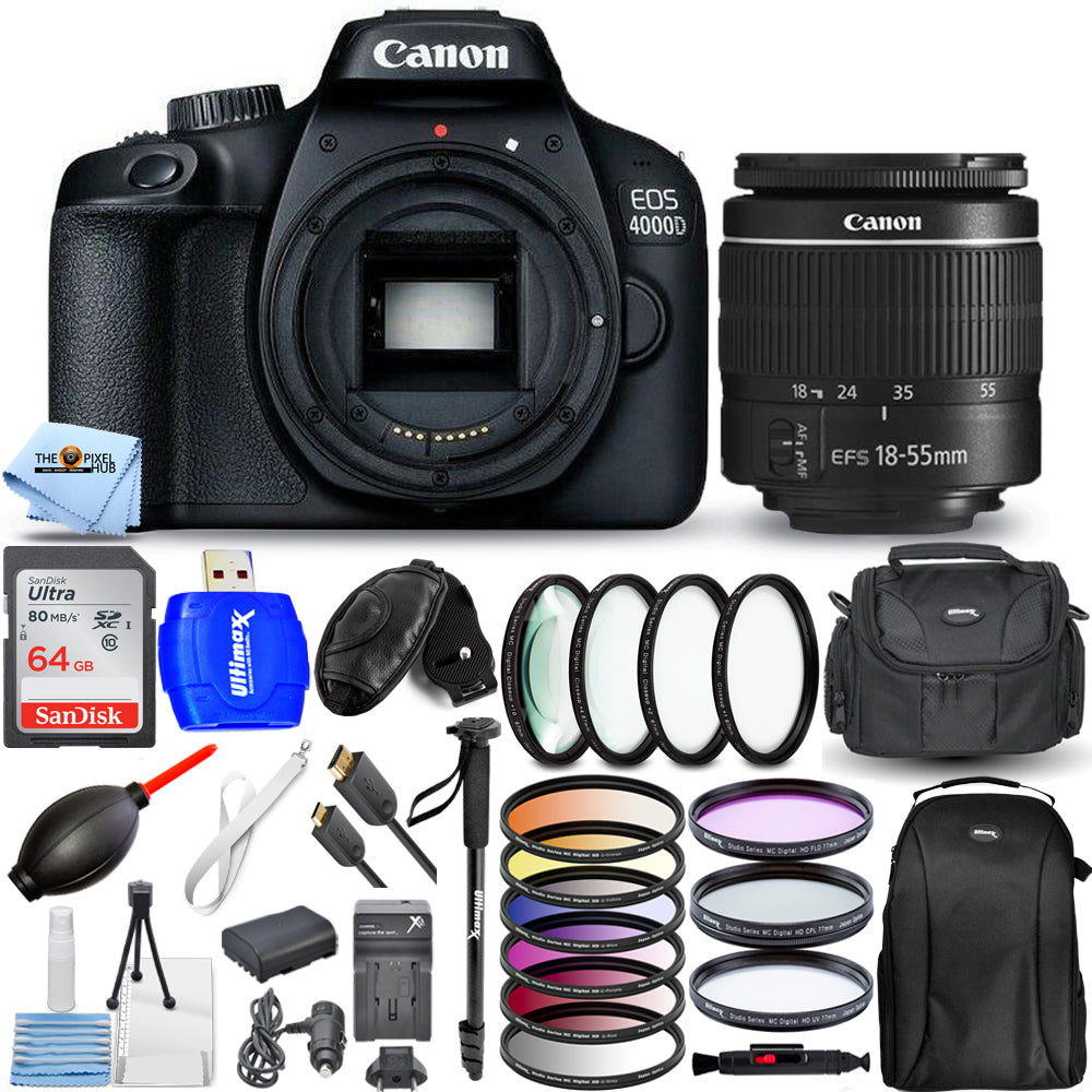 Canon EOS 4000D / Rebel T100 avec objectif 18-55 mm + 64 Go + kit de filtres