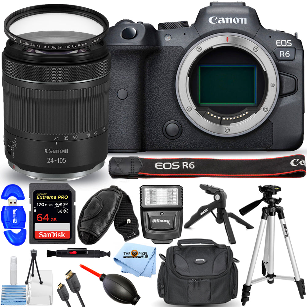 Appareil photo sans miroir Canon EOS R6 avec objectif 24-105 mm f/4-7.1 + 64 Go + pack flash